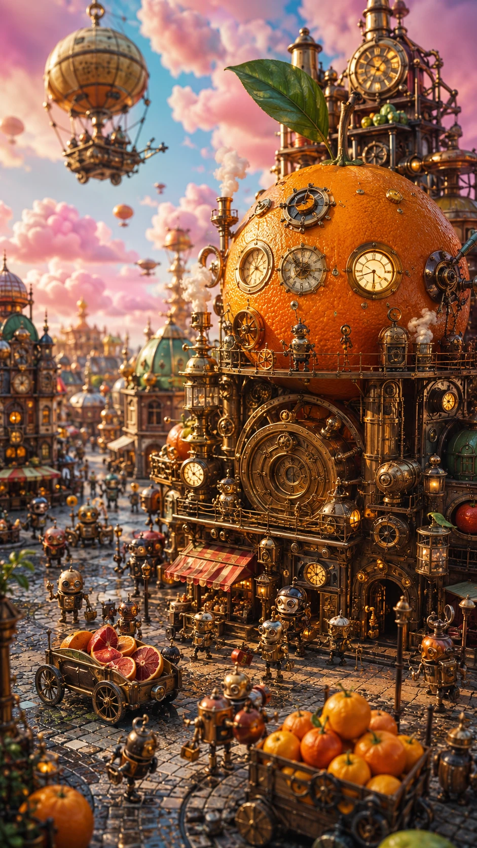 Aldea Steampunk Fantasiosa en Ilustración Digital Vibrante