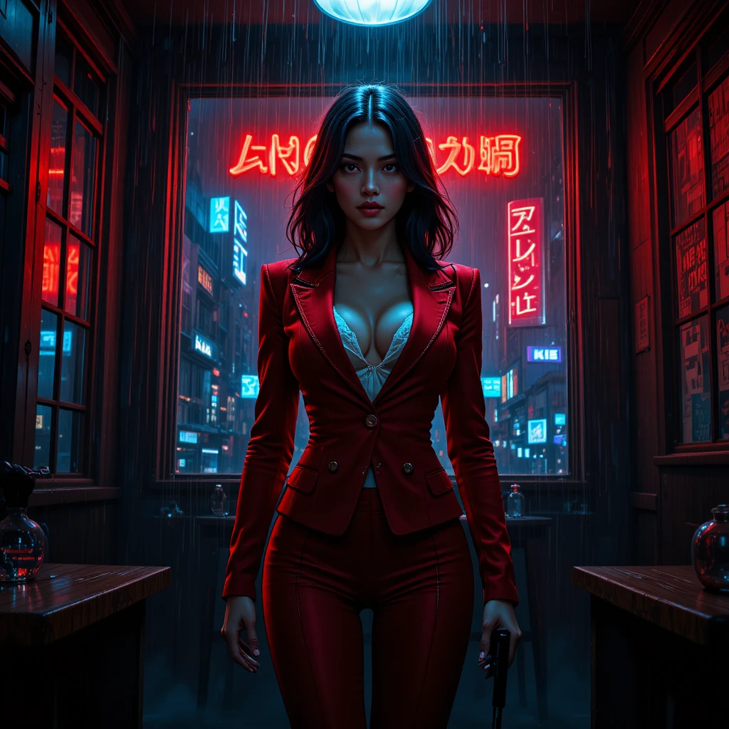 Crime boss woman in red suit in smoky gambling den