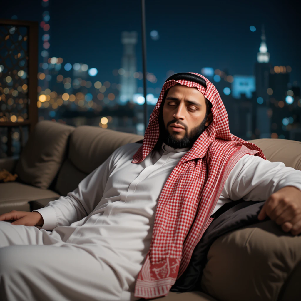 Man in traditional thobe resting on a sofa at night