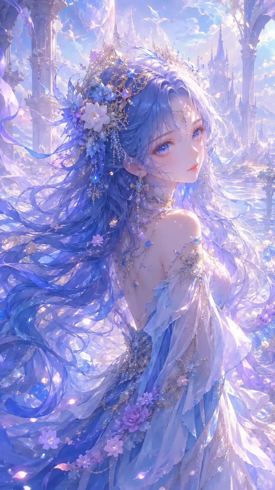Blue haired anime girl in a soft fantasy dreamscape