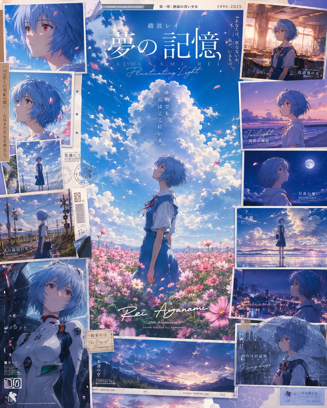 Blue haired anime girl in cosmos flower field