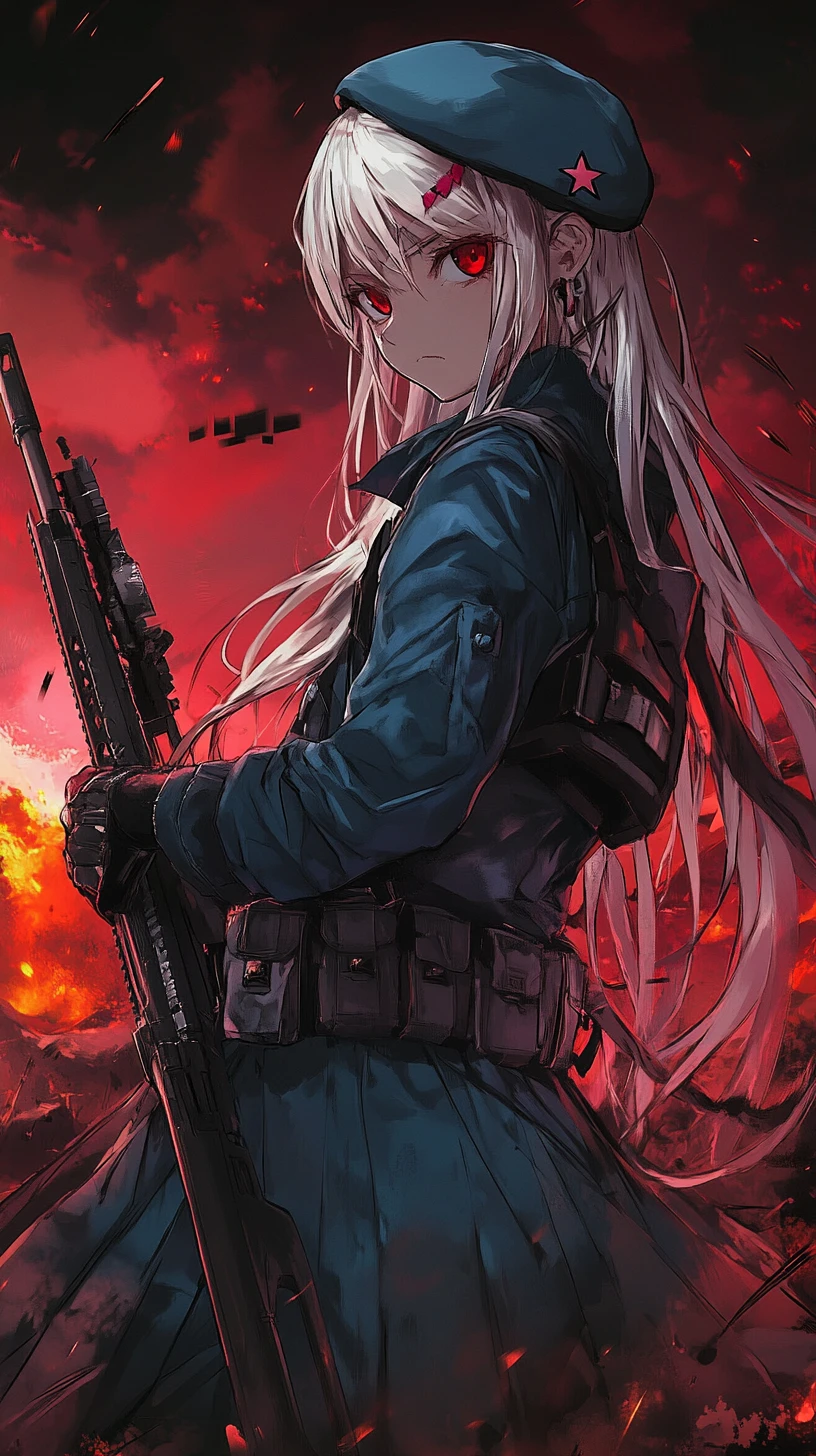 Chica de anime apuntando con un rifle en una zona de guerra en llamas