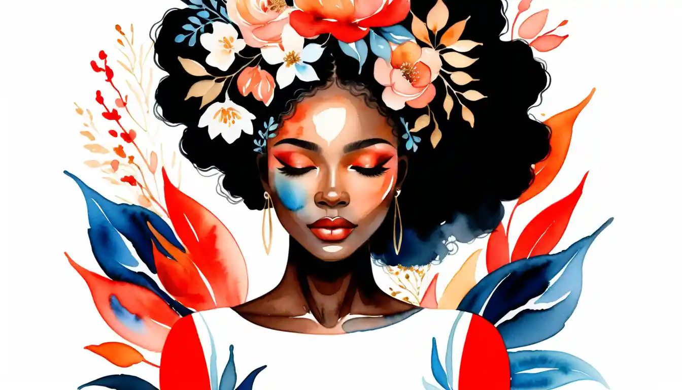 Serene Black woman with floral watercolor hair arrangement