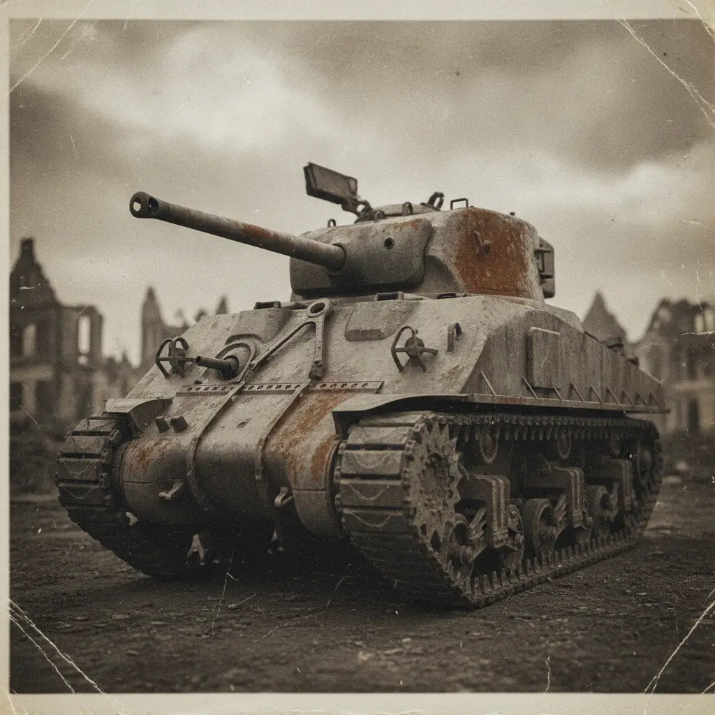 Vintage black and white tank in a faded historic scene