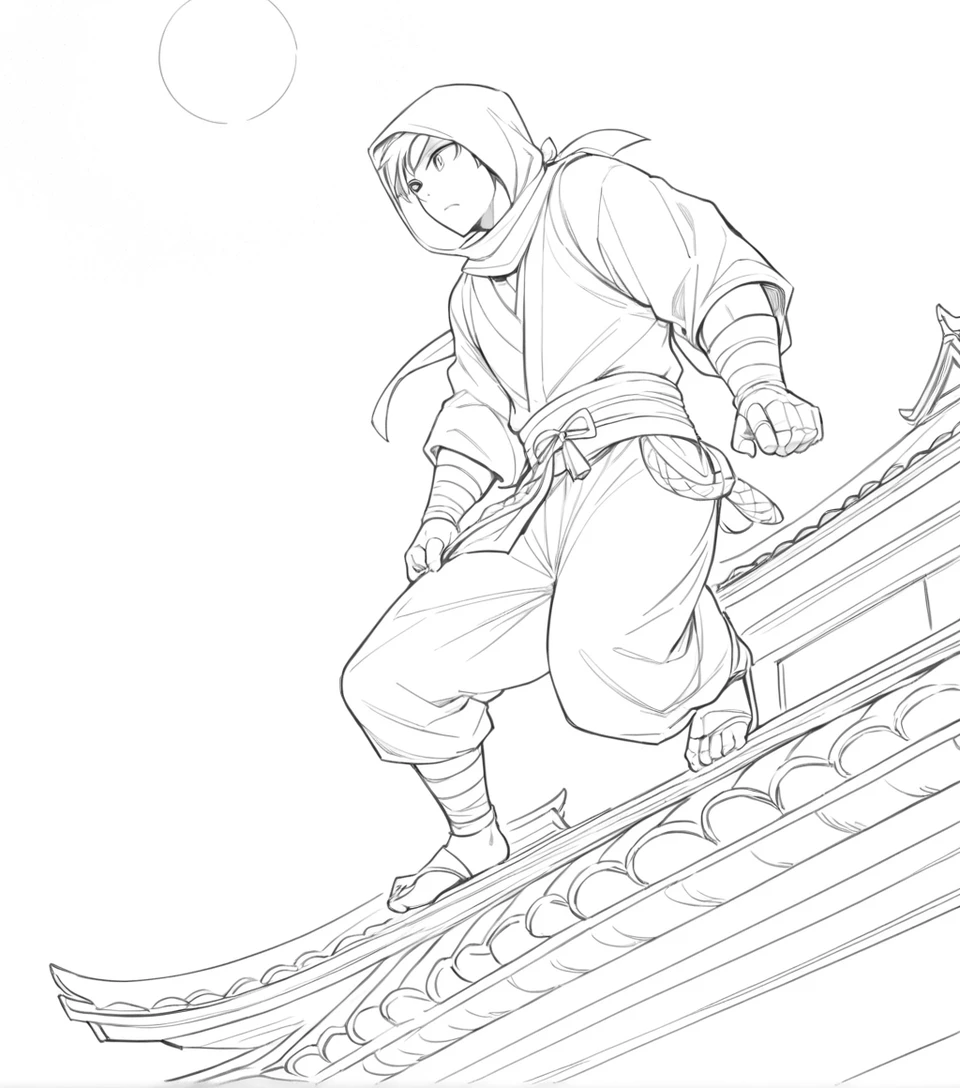 Ninja climbing a pagoda roof in monochrome manga night scene