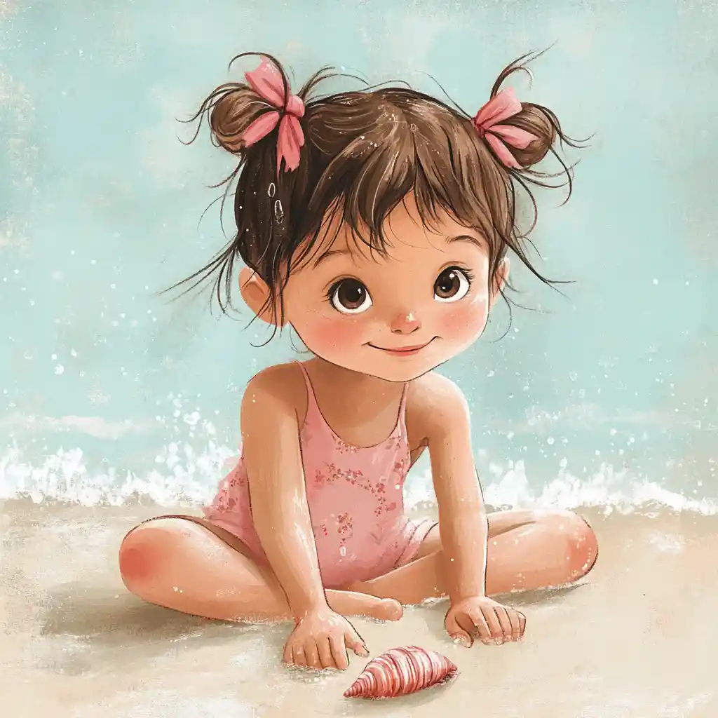 Little girl collecting seashells on a sunny beach