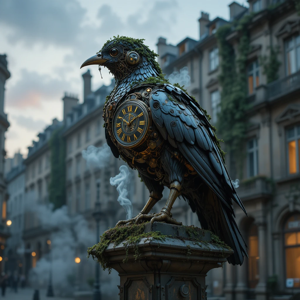 Clockwork bird on overgrown statue at twilight city square