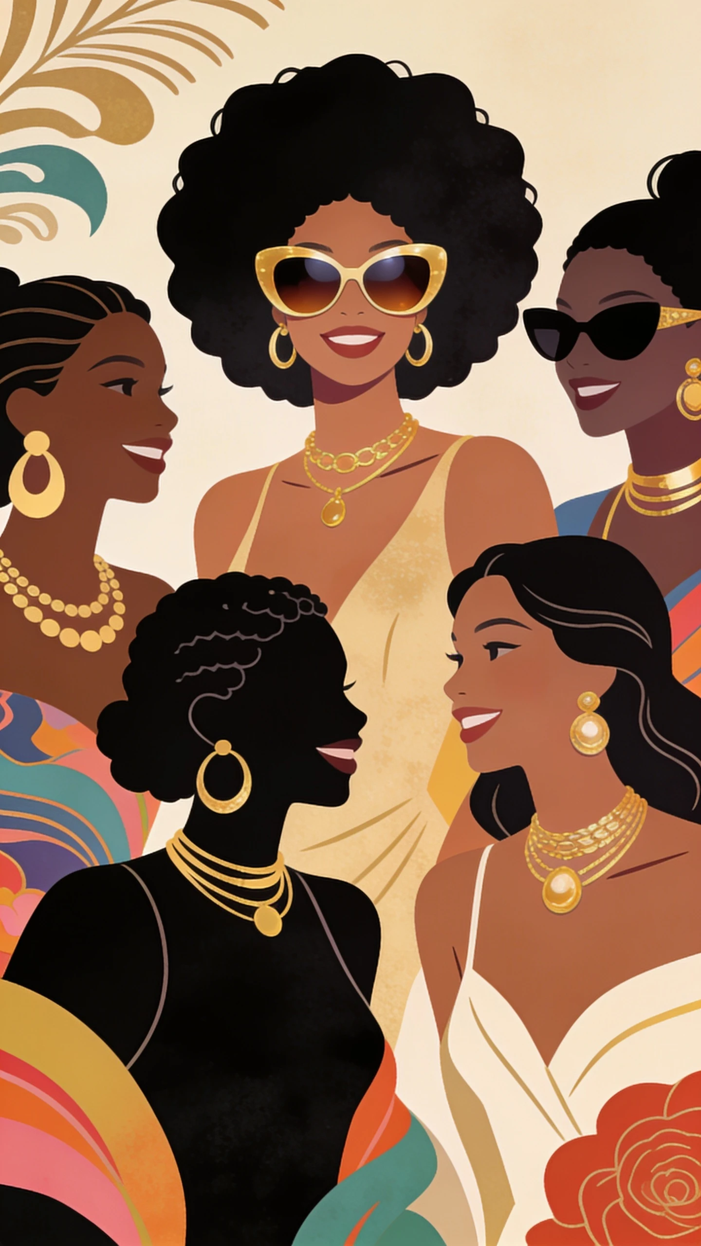 Elegant black women in lively fashion illustration group scene