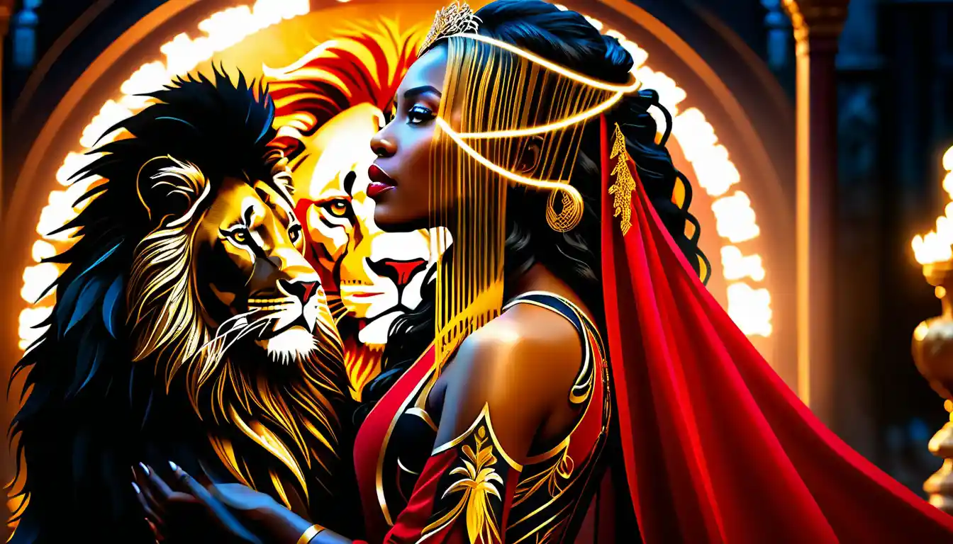 Woman in red embracing a black lion in golden light
