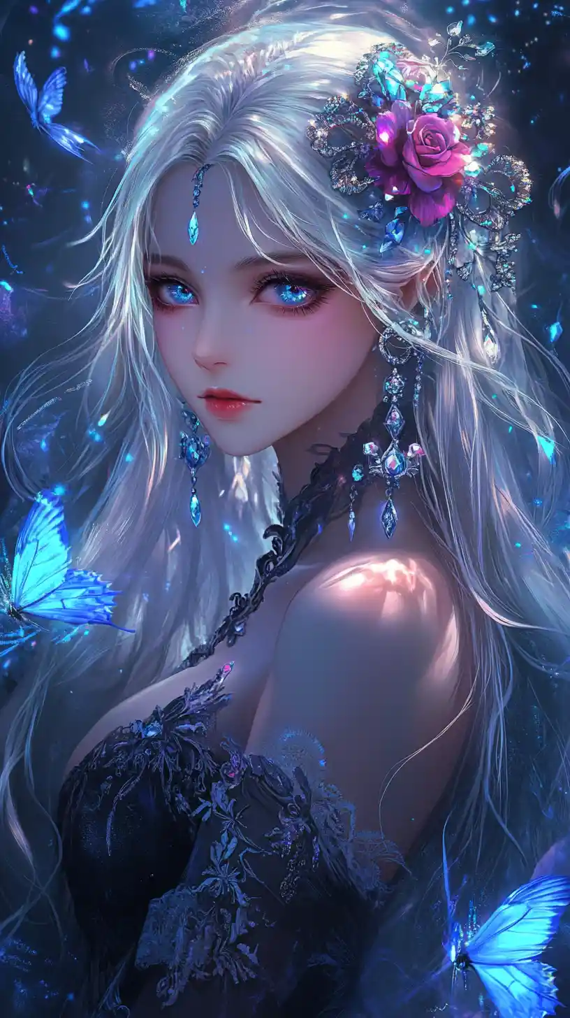Anime girl with crystal flowers and glowing butterflies