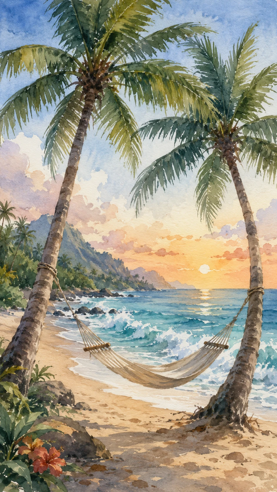 Watercolor beach with hammock between two palm trees