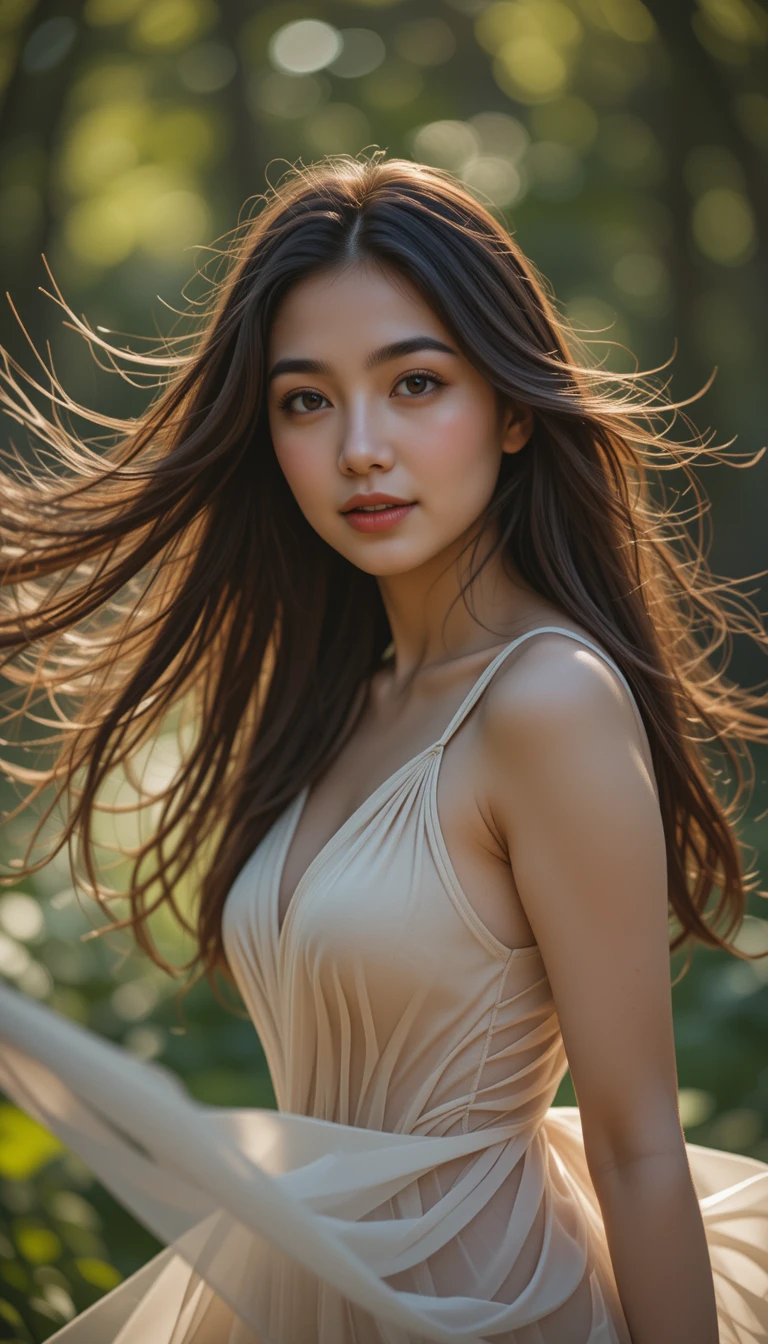 Young woman in motion with flowing hair outdoors
