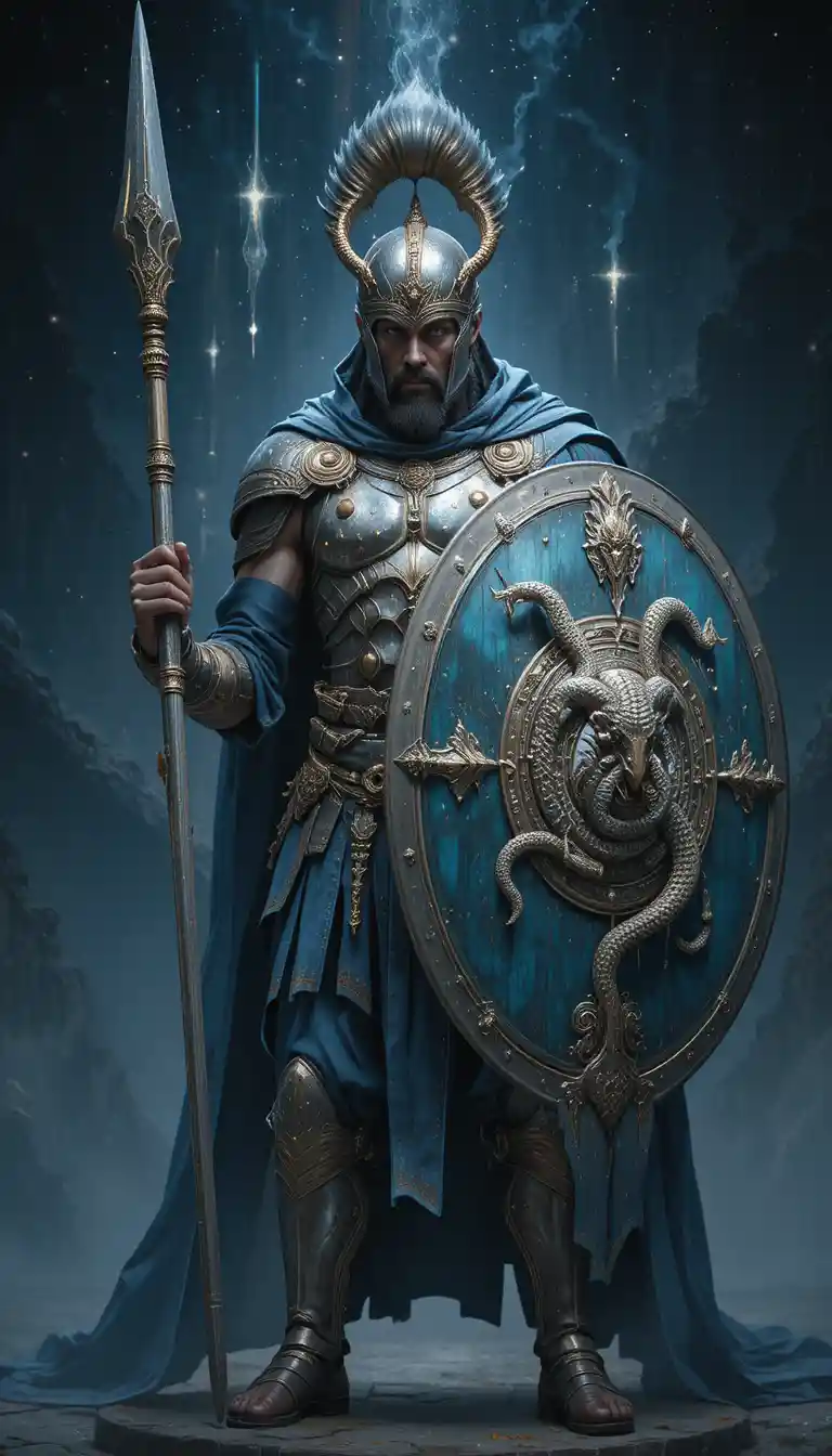 Armored warrior fastening greaves and preparing for battle