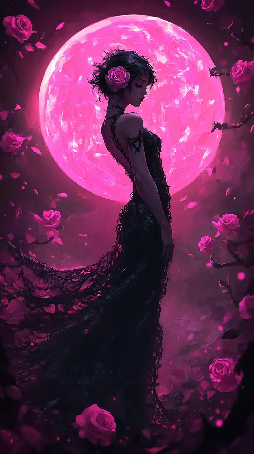 Elegant dark maiden before a glowing magenta moon