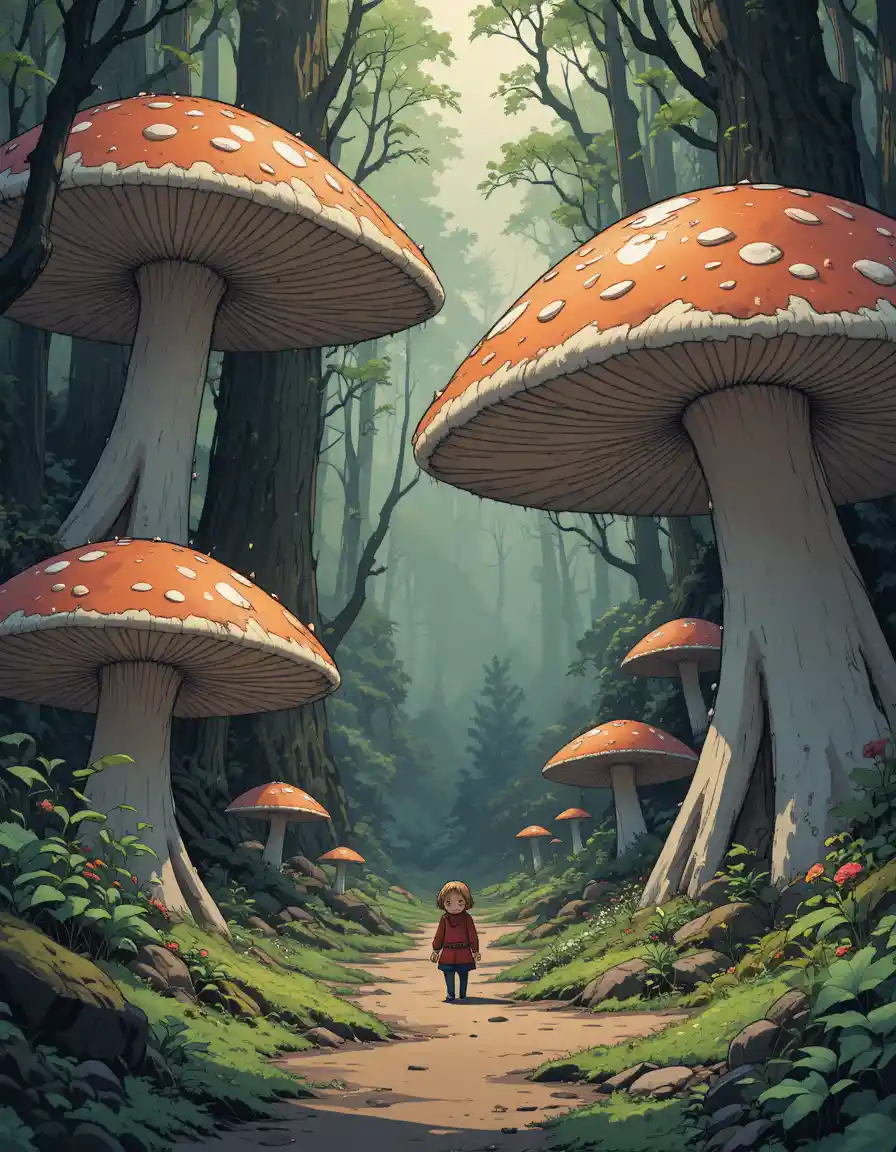 Small elf walking through giant mushroom forest comic scene