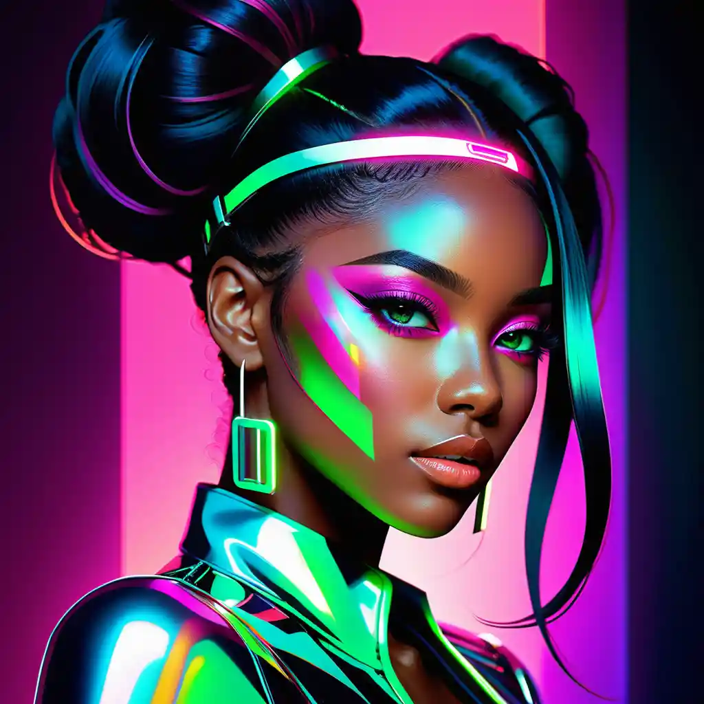 Elegant black woman in neon surreal cyberpunk portrait