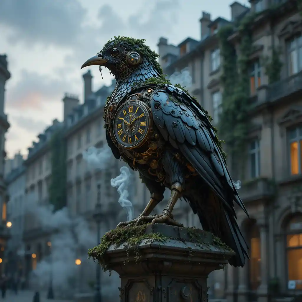 Clockwork bird on overgrown statue at twilight city square