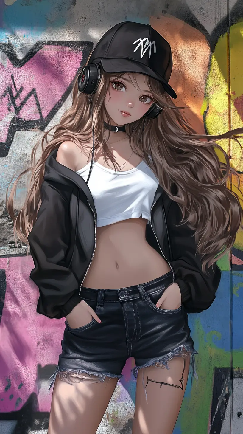 형형색색 그래피티 벽 앞 스트리트웨어 차림의 장난스러운 애니메이션 소녀