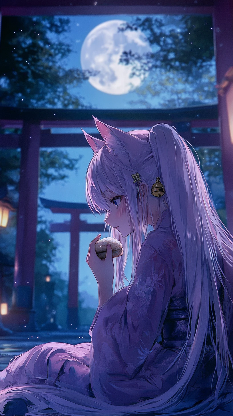Close up cat girl portrait with moonlit shrine background