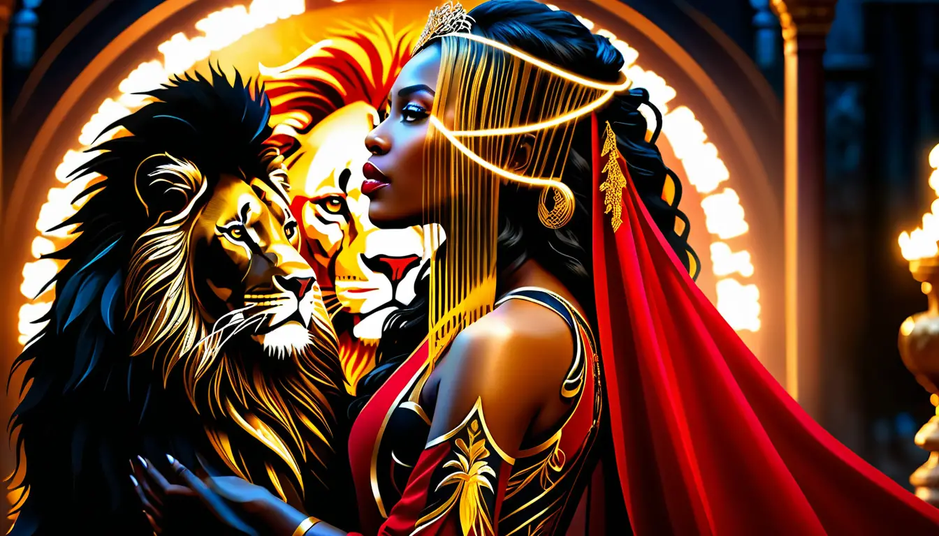 Donna in rosso che abbraccia un leone nero nella luce dorata