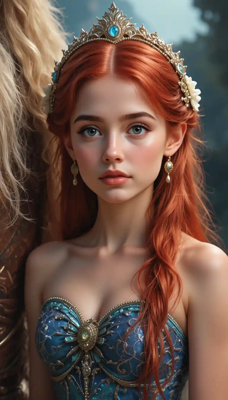 Young princess standing solemnly beside her sea god father