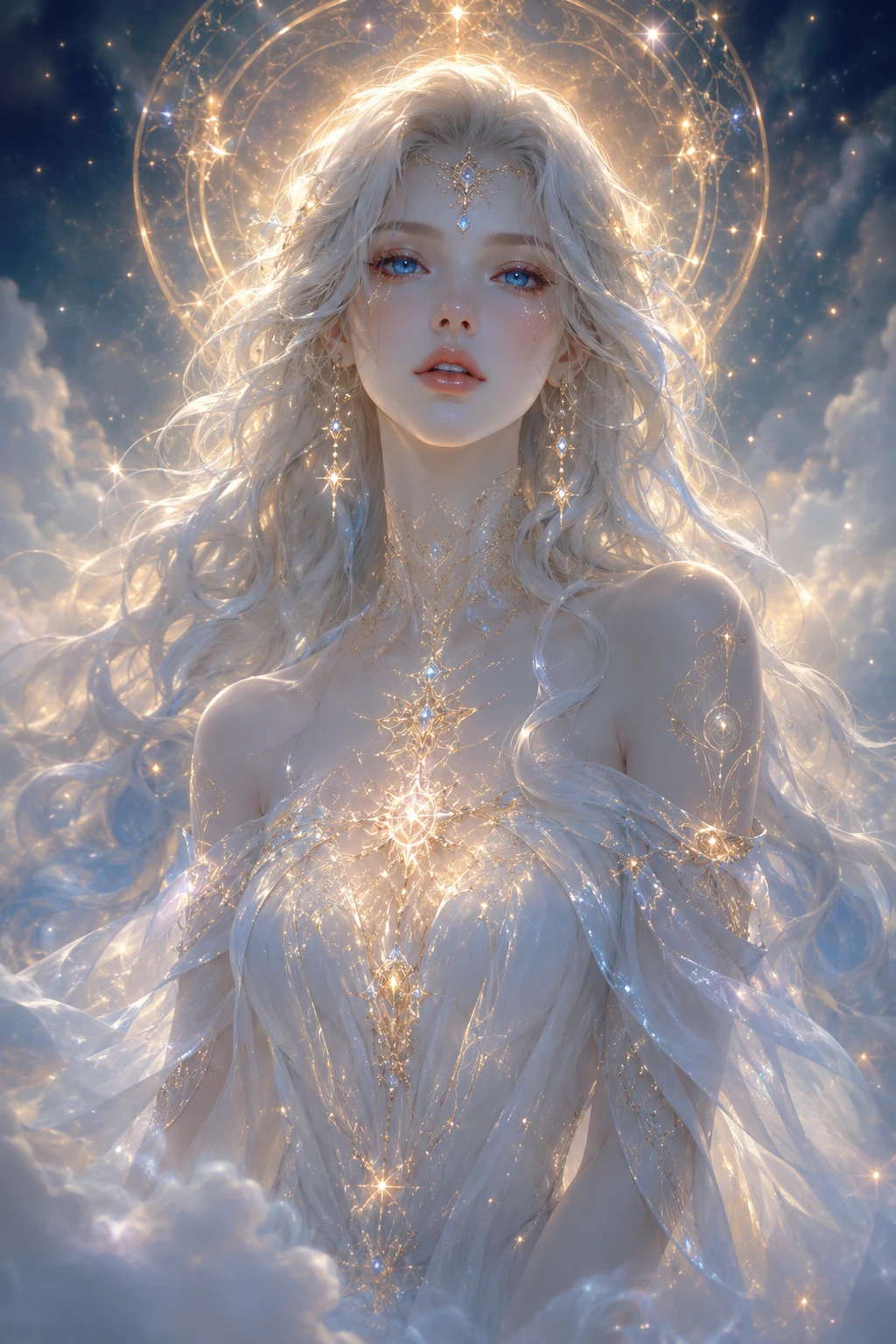 Ethereal woman rising from glowing dreamlike fog