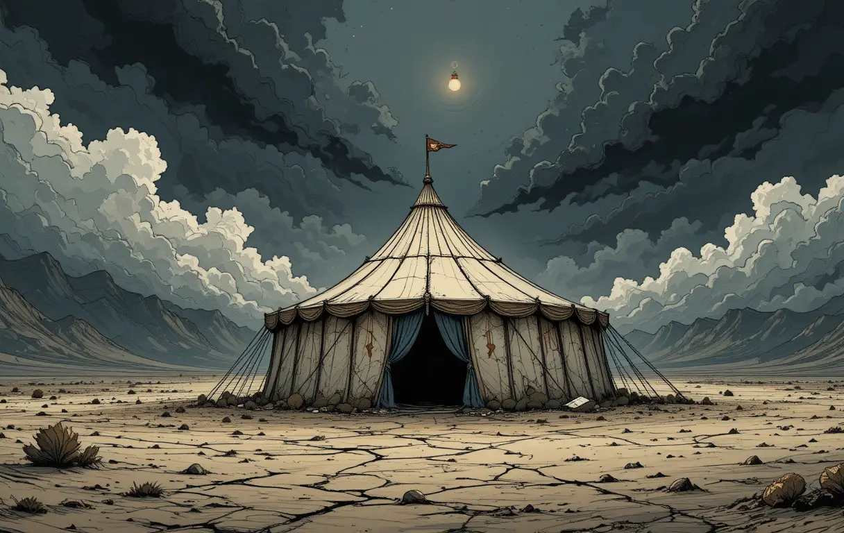 Tenda da Circo Abbandonata in un Deserto Tempestoso