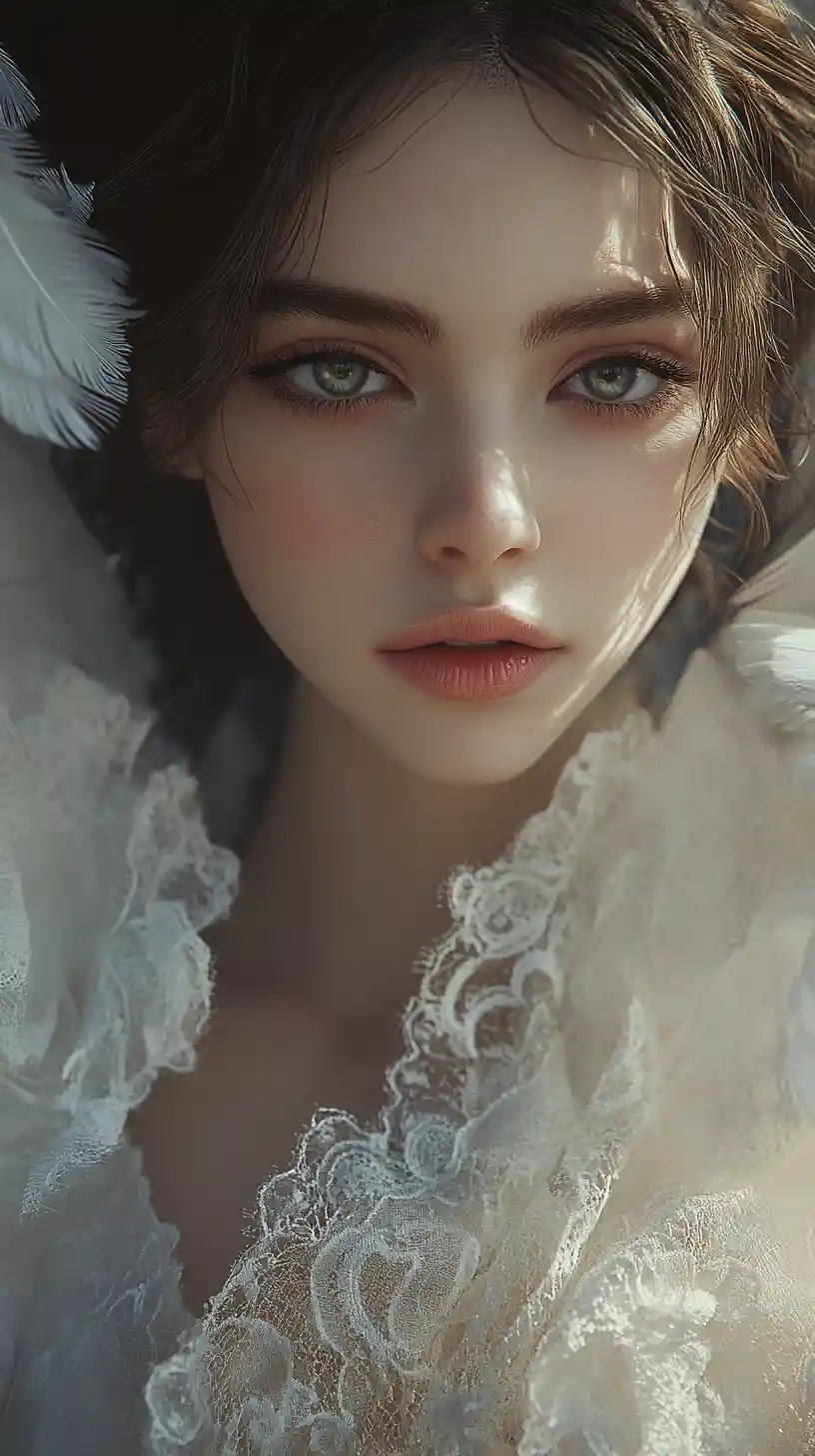Melancholic angelic girl with white wings in lace