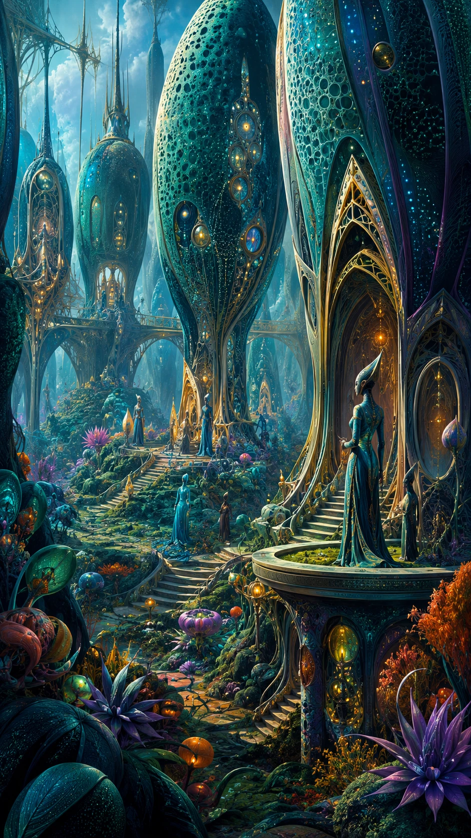 Alien cityscape among glowing organic towers and geometry