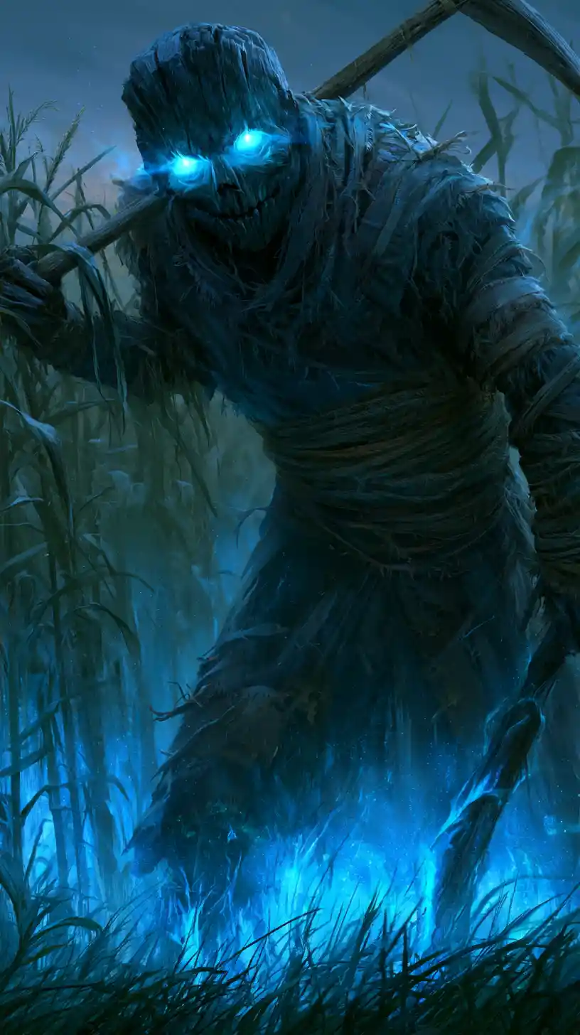 Supernatural scarecrow with blue eyes in misty cornfield