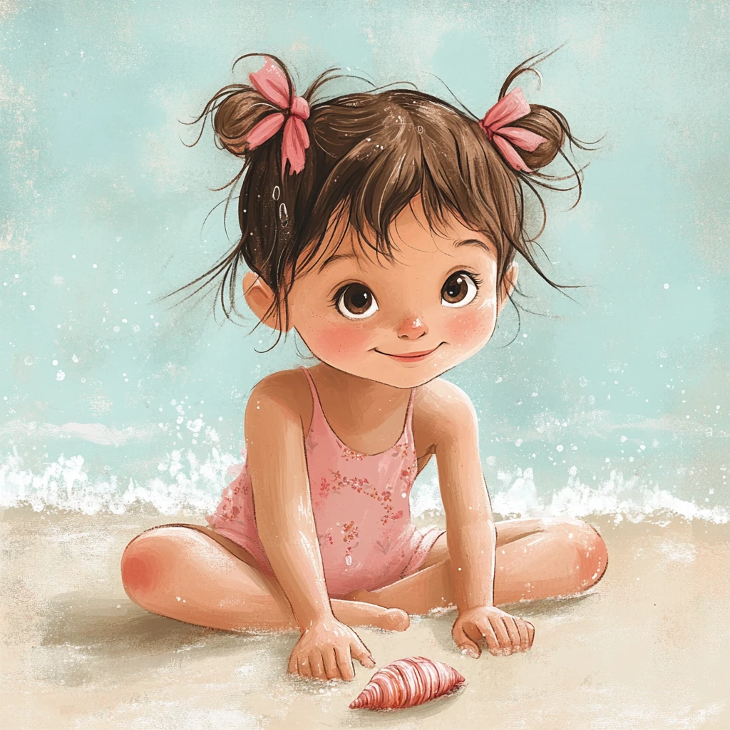 Little girl collecting seashells on a sunny beach