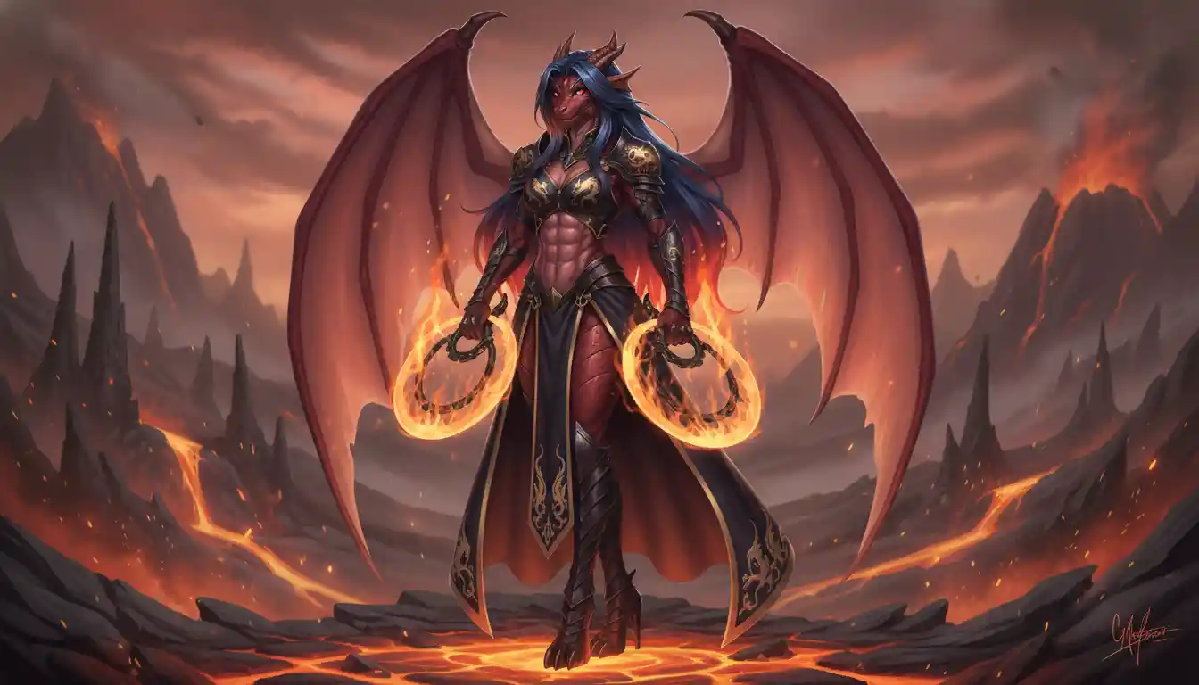 Winged dragon queen woman wielding blazing ringblades