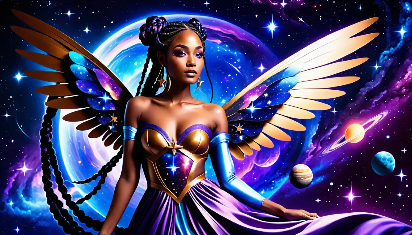 Cosmic galaxy fairy woman with nebula wings floating in space