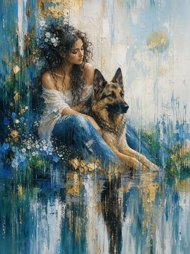 독일 셰퍼드와 함께한 젊은 여성의 추상적인 꿈 풍경 그림