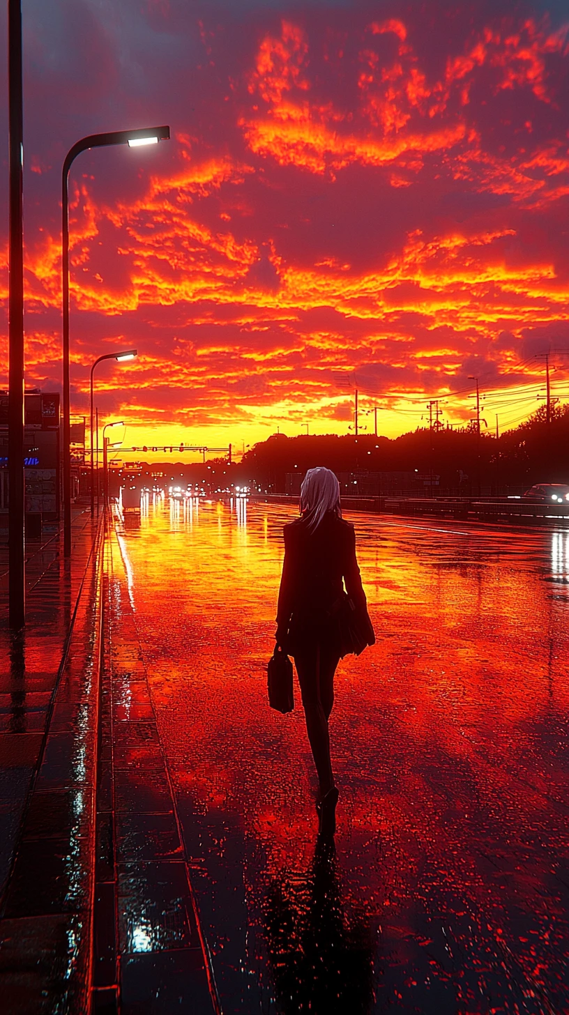 Anime girl portrait in a glowing sunset sky