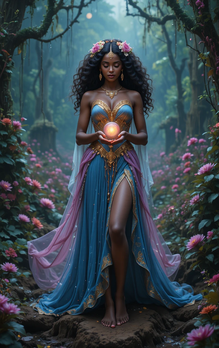 Dark skinned princess holding a glowing orb in a swamp