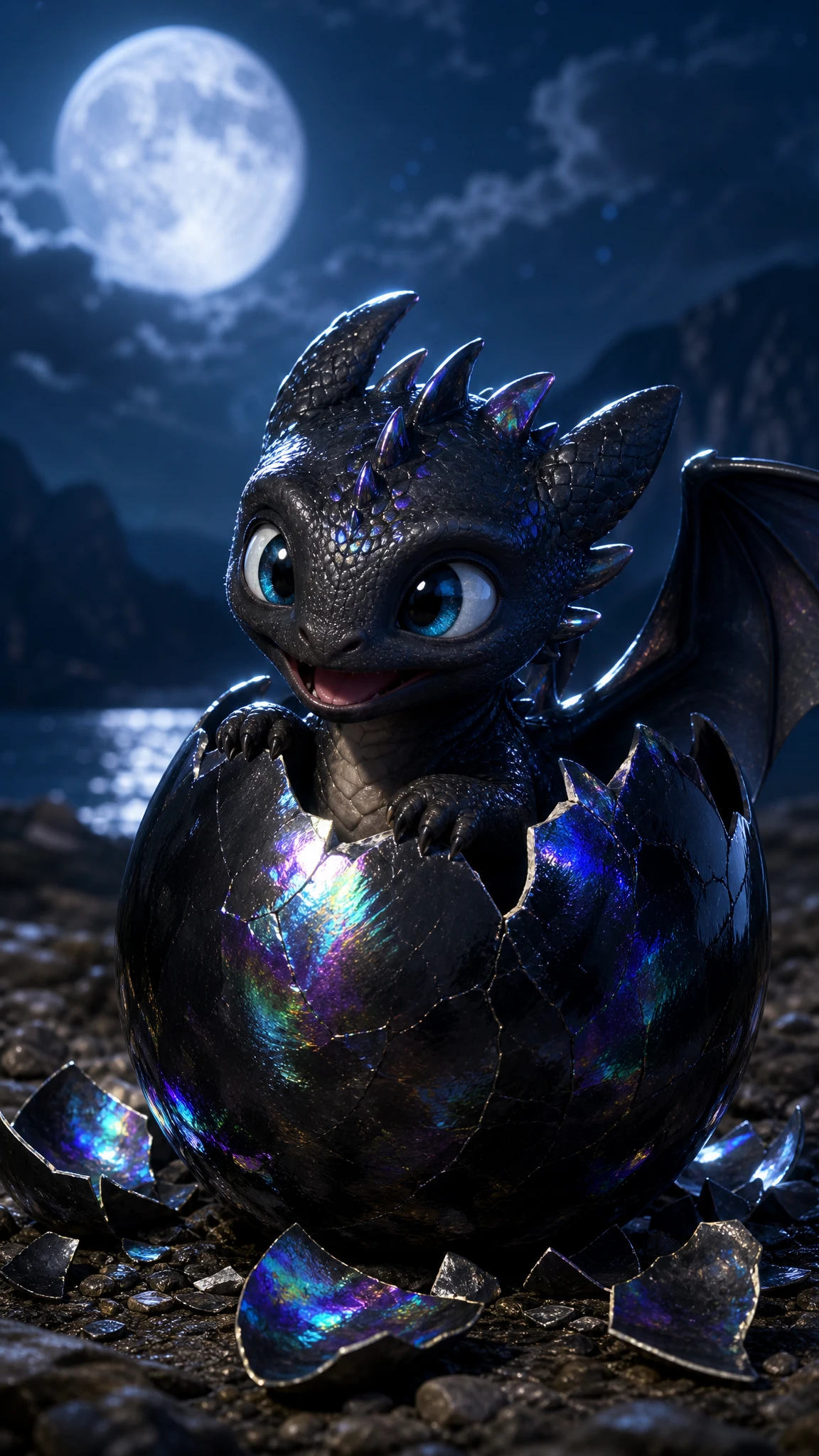 Cute baby dragon hatching from a shiny black egg