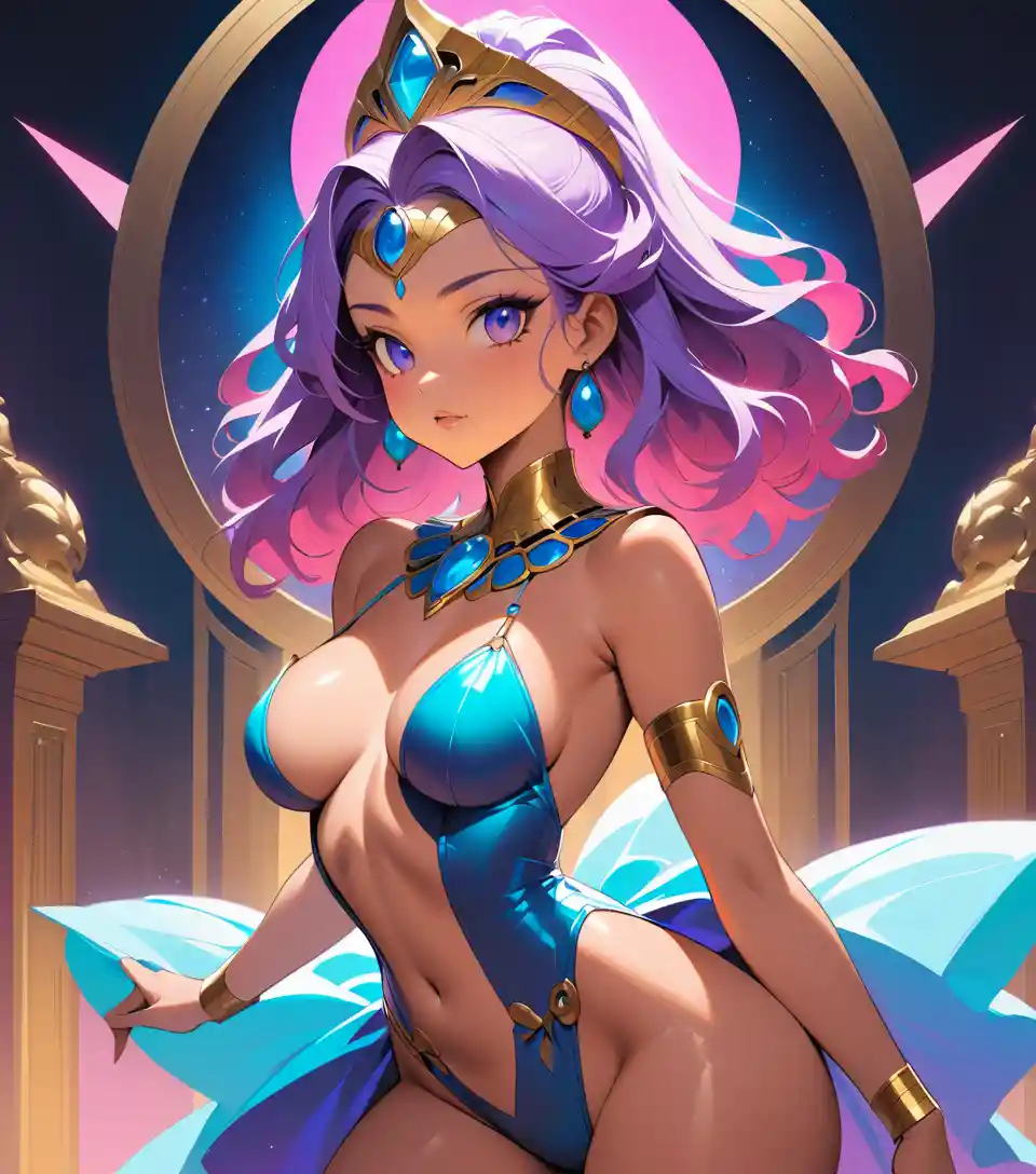 Neon drenched egyptian queen in baroque couture pose