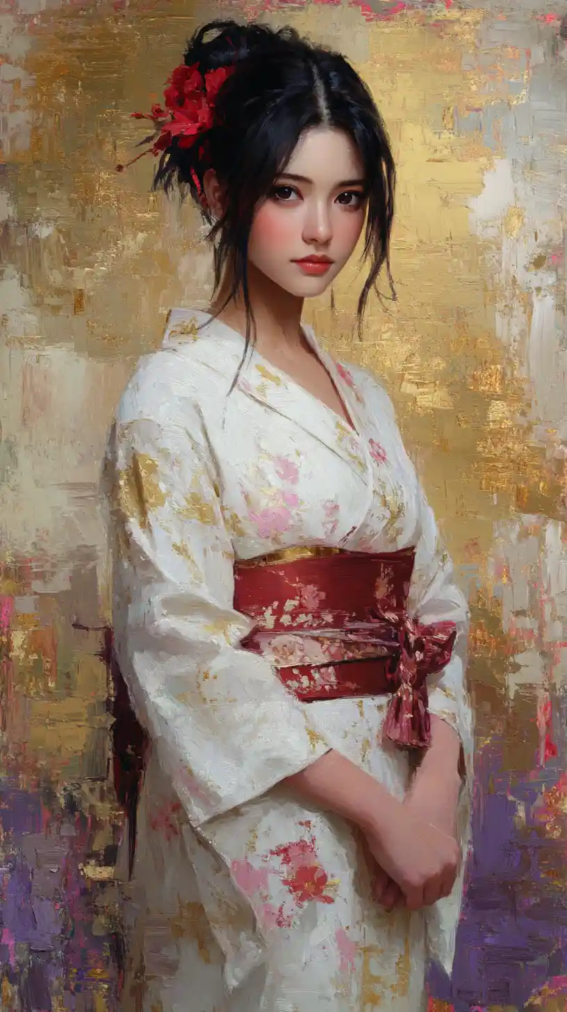 Elegant Asian girl in white and gold kimono portrait