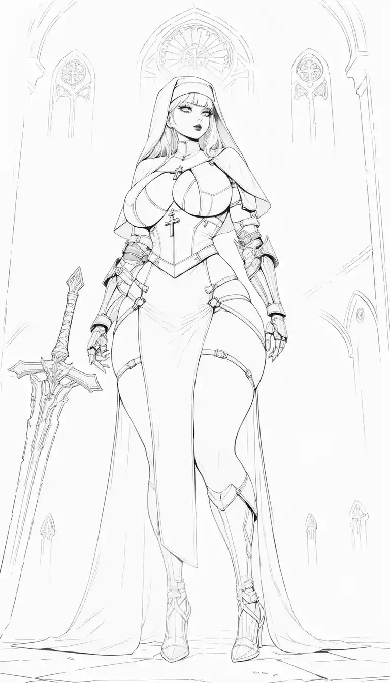 Gothic cyberpunk warrior nun in ruined church interior