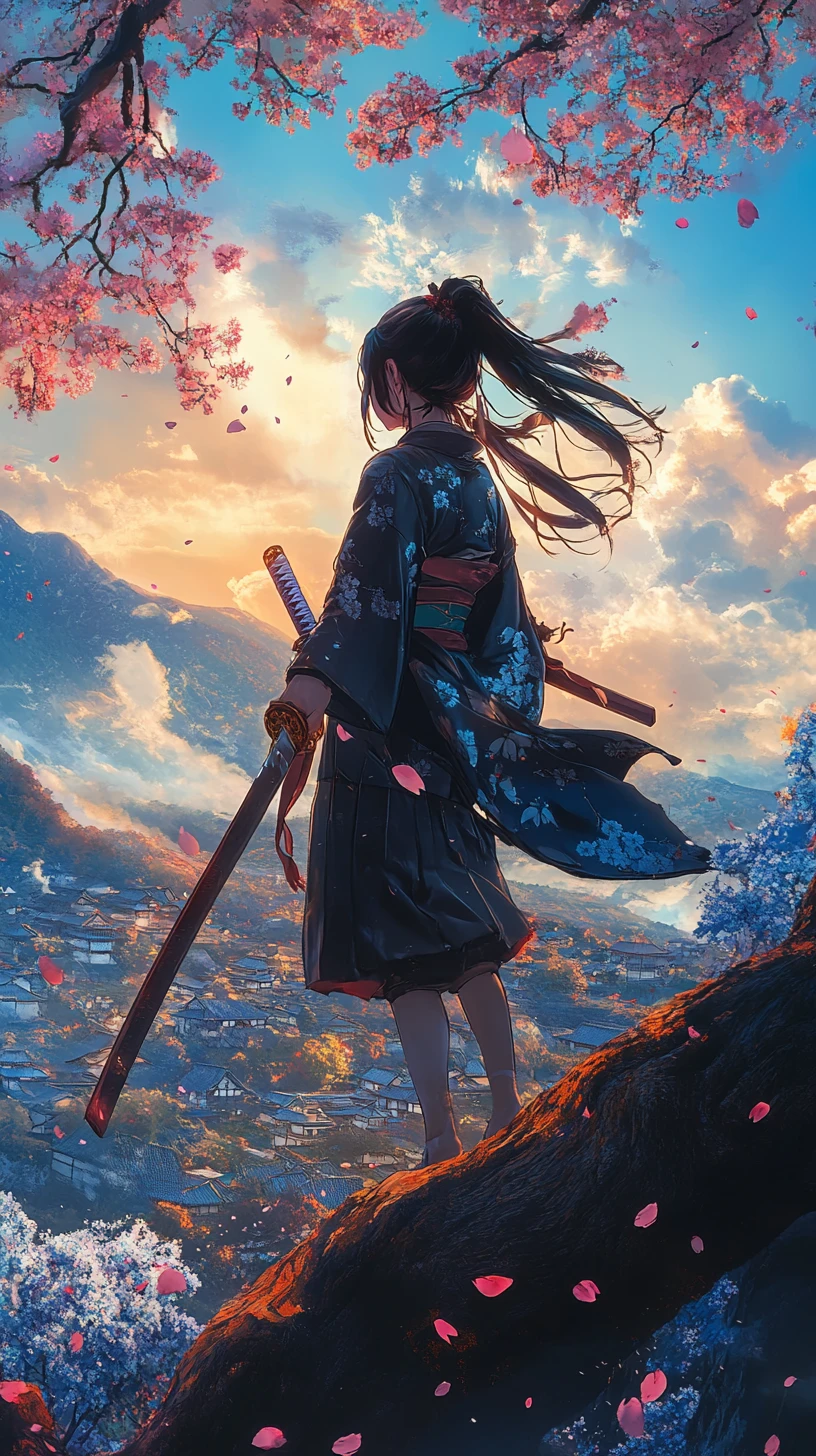 Kunoichi anime su un ramo sopra un villaggio di montagna