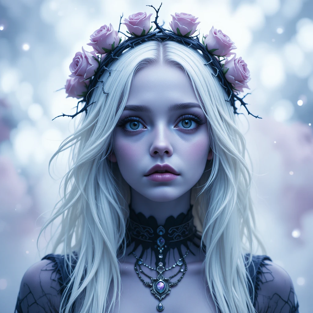 Haunting purple skinned woman with white hair and rose crown