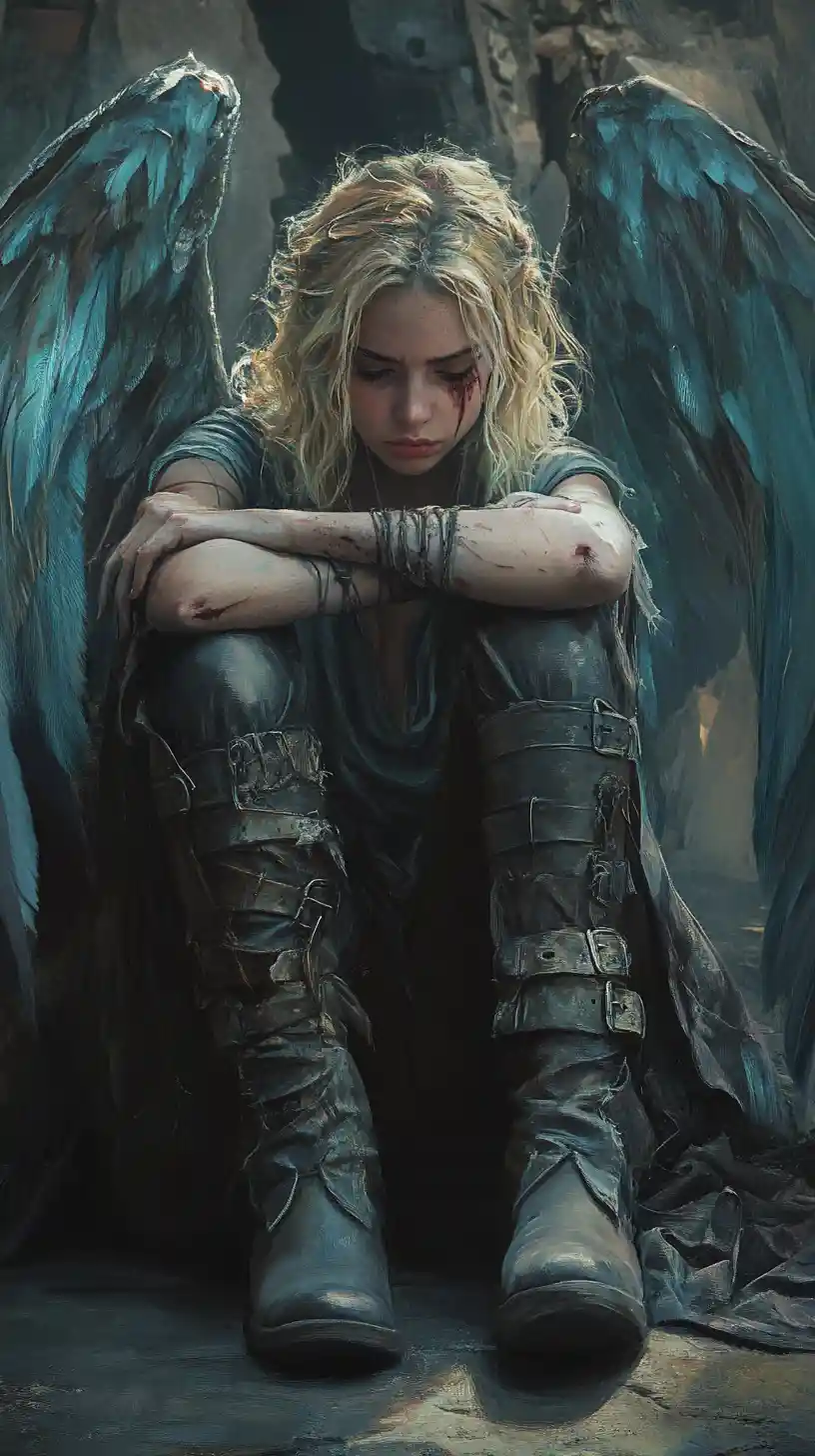 Melancholic winged woman in tattered dress on stone floor