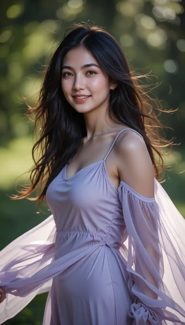 Young woman turning in soft natural daylight outdoors