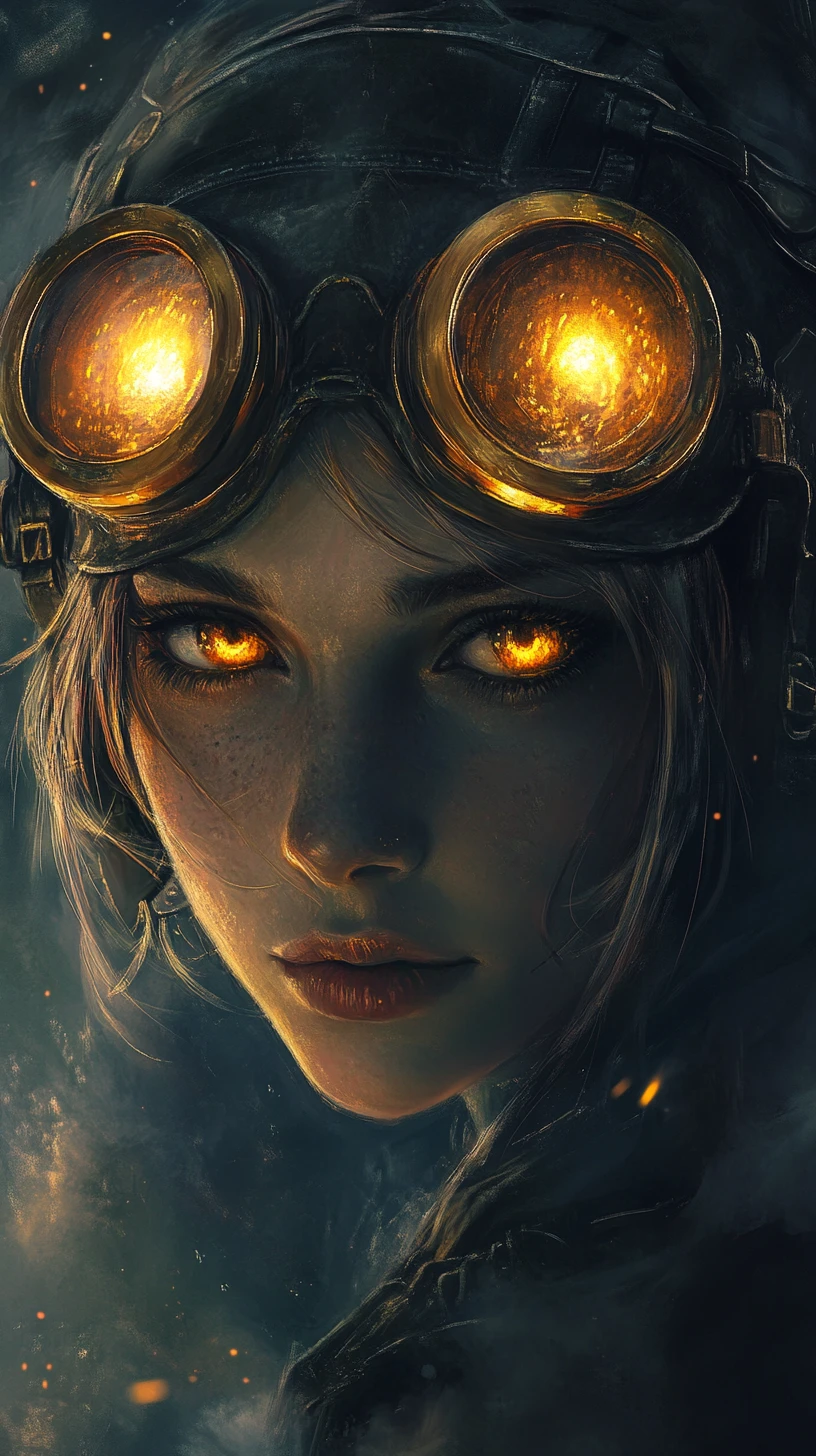 Steampunk anime girl portrait with glowing amber eyes