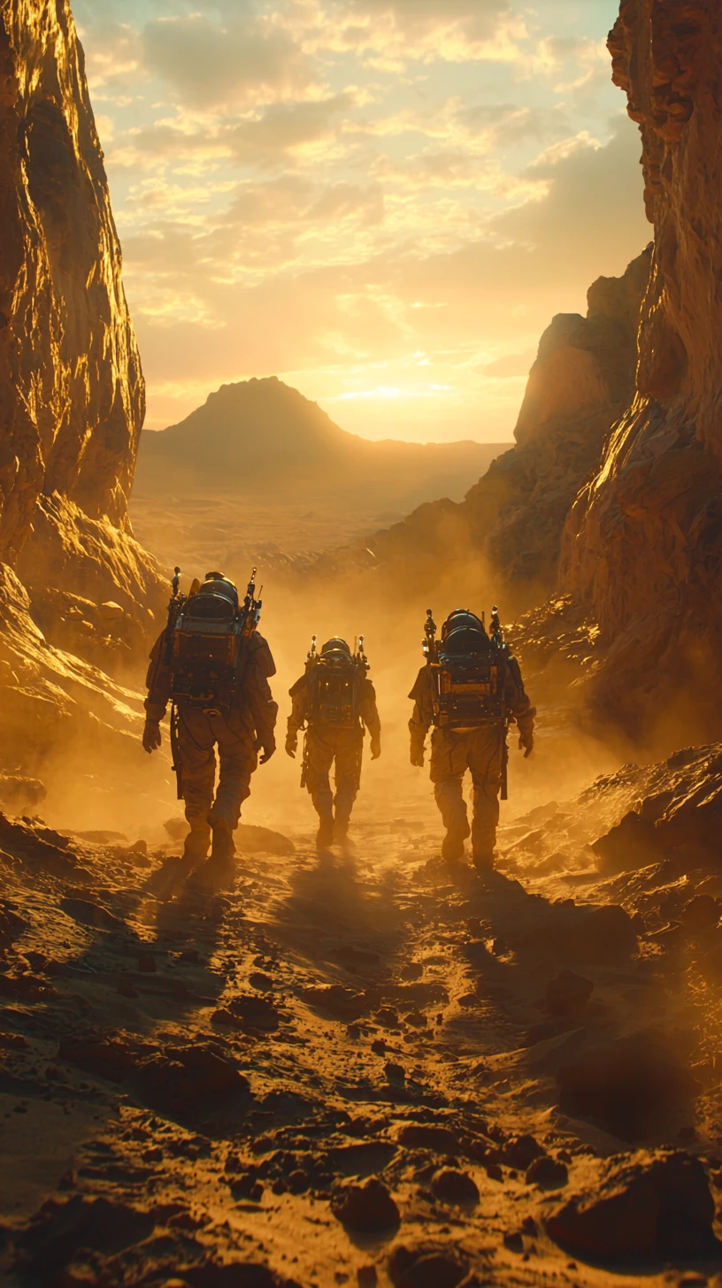 Astronautas acercándose a un asentamiento futurista en Marte al amanecer