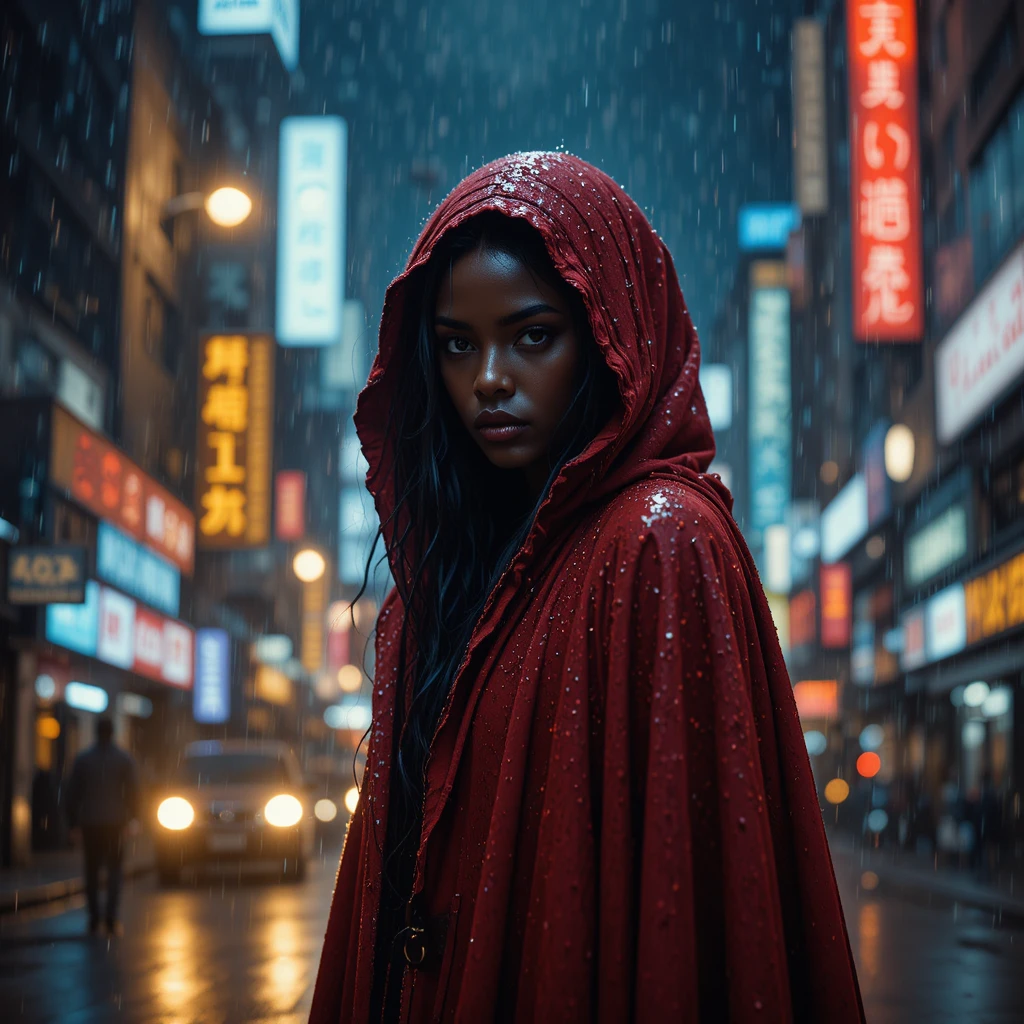 Determined woman in a crimson cloak under rainy city lights