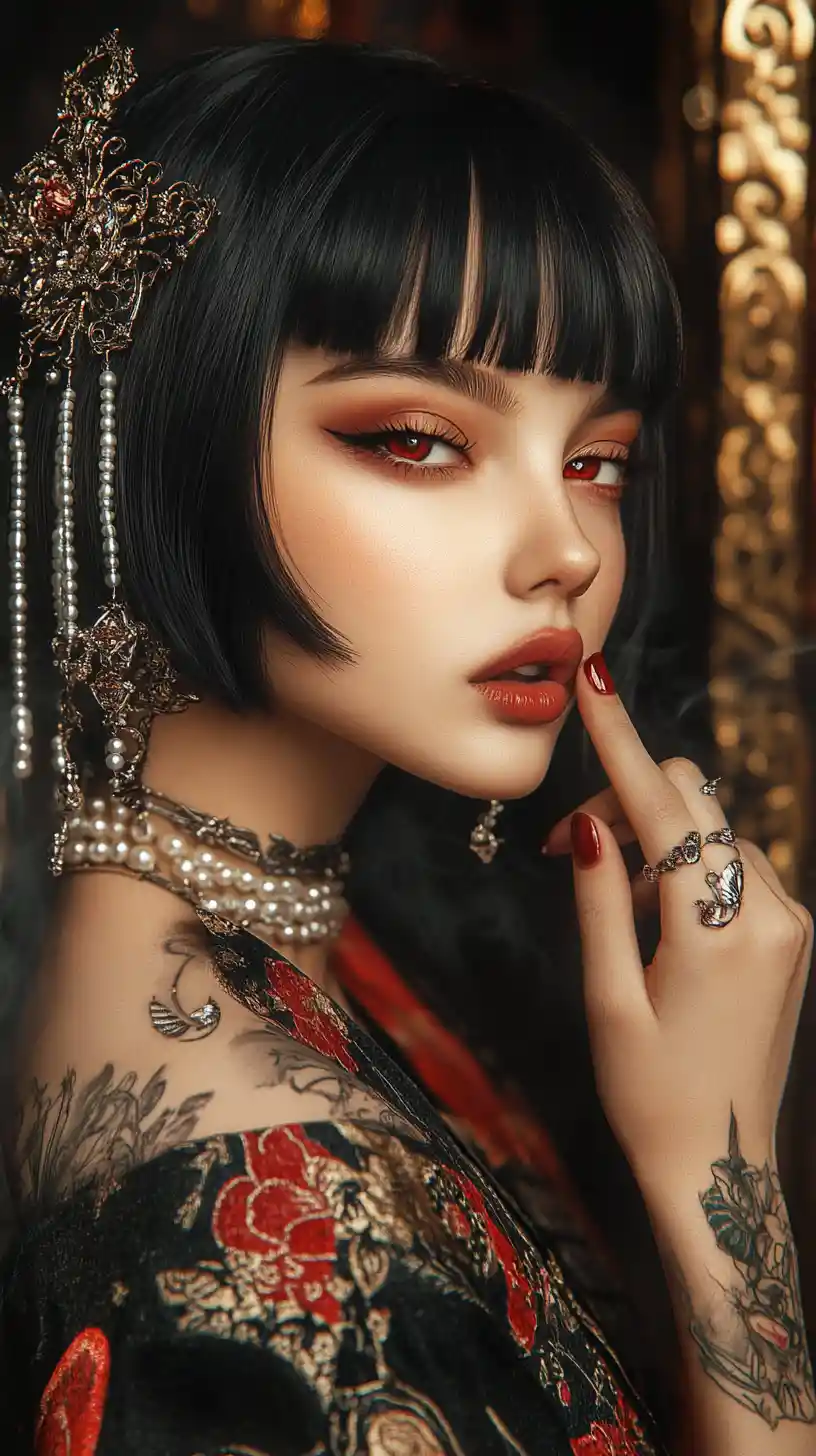 Misteriosa donna anime con elaborato abito nero e rosso