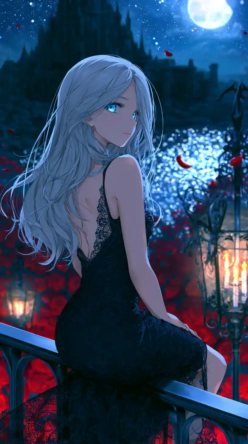 Silver haired woman on balcony under moonlit gothic sky