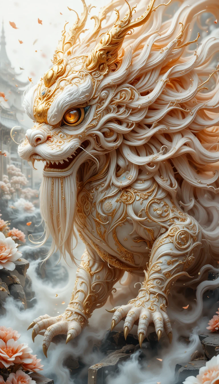 Mythical Lion Dance Spirit Before A White Fantasy Palace
